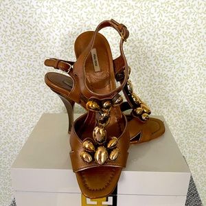 MIU MIU leather stud & bronze metal heel stiletto sandal size 36